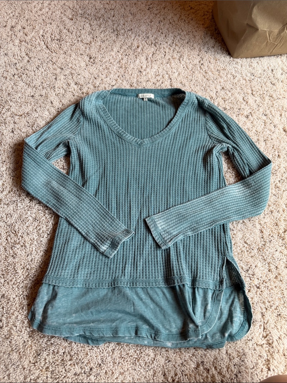 Z Supply Teal V-Neck Waffle Long Sleeve Top